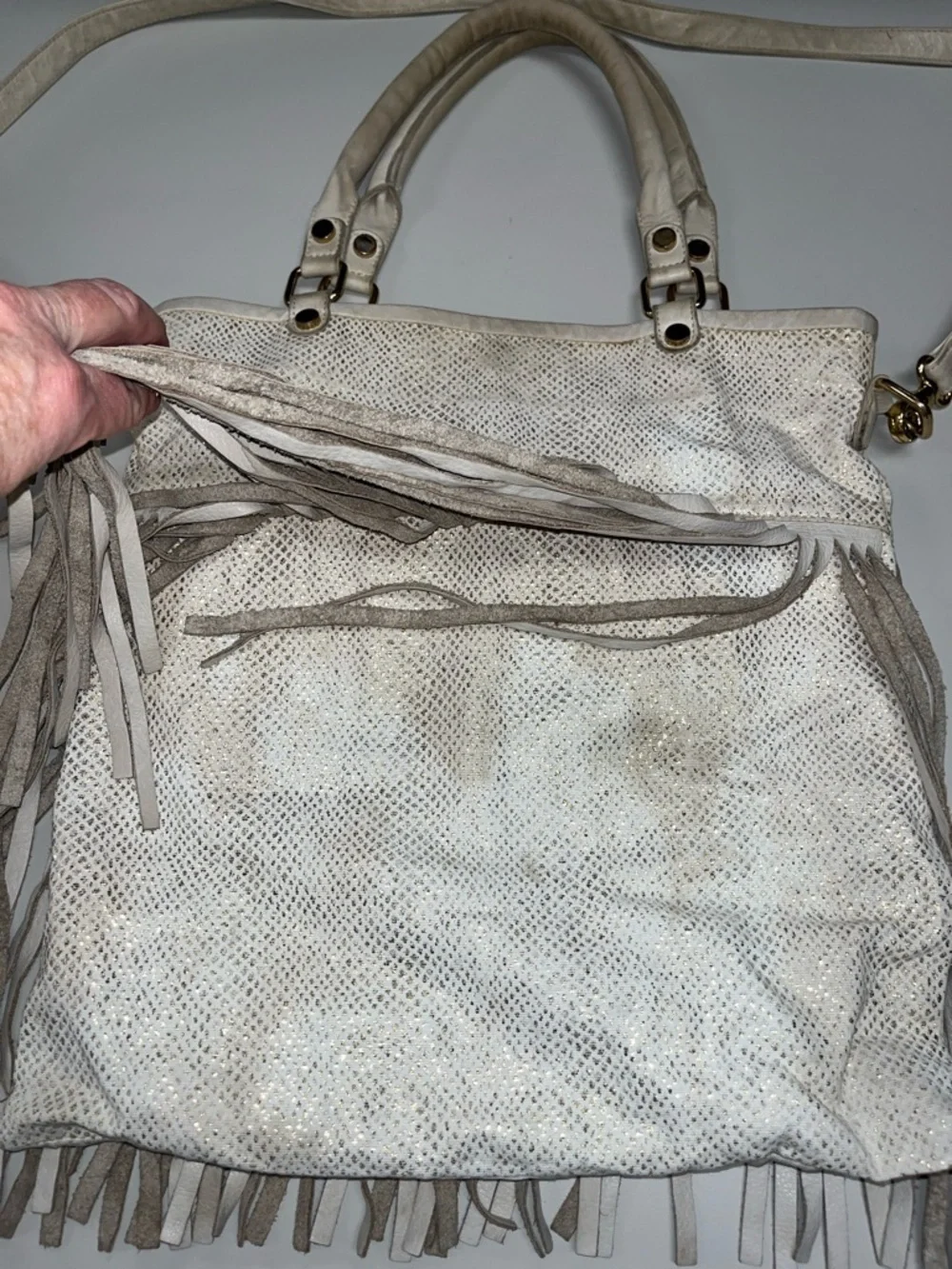 B-Low the Belt White & Gold Fringe Leather & Canvas Shoulder Bag